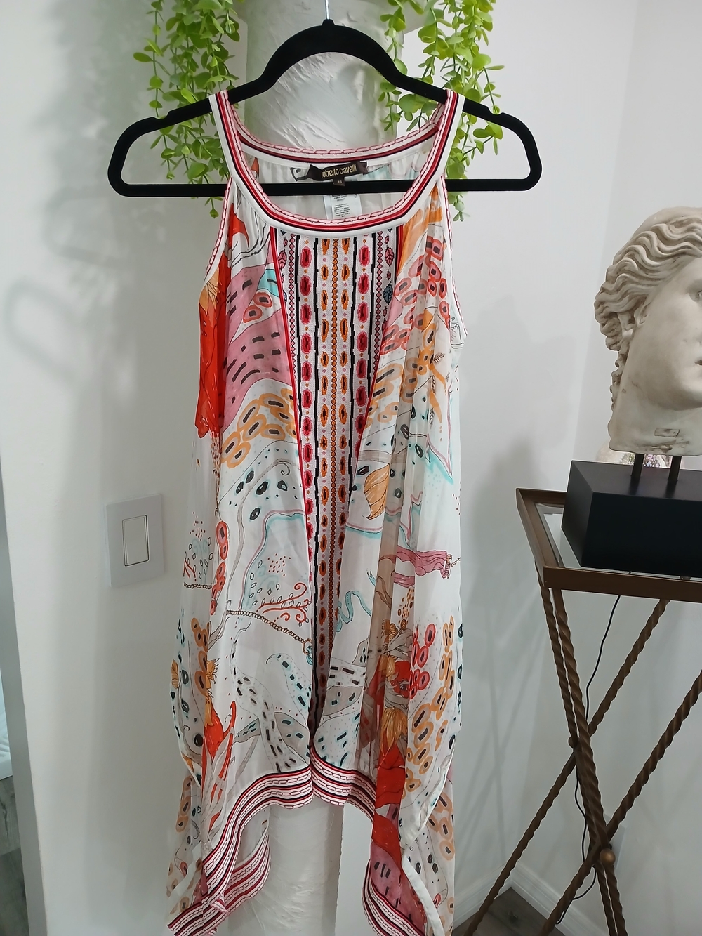 Boho Printed Handkerchief Hem Top - White with Orange & Pink Accents